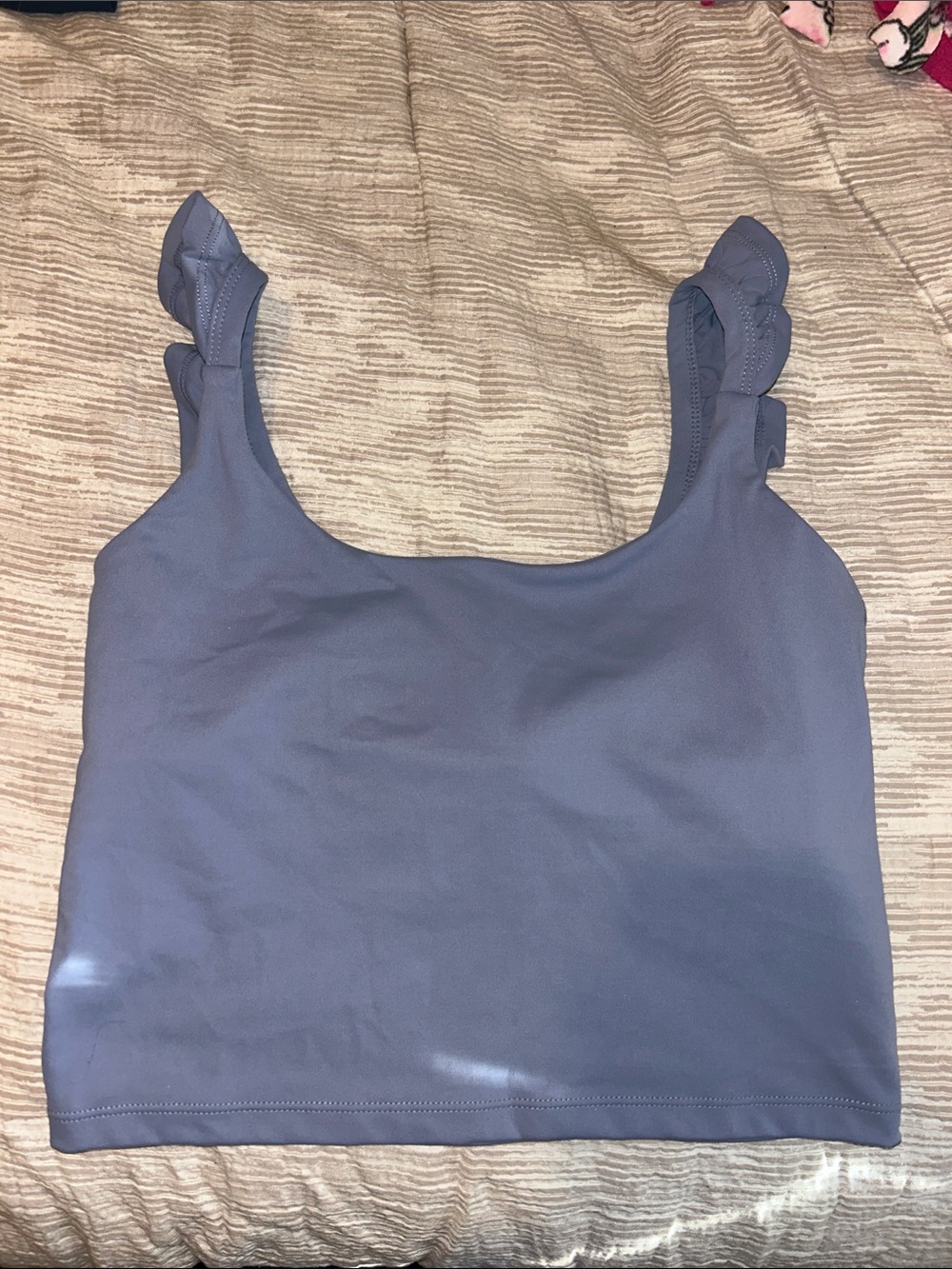 Women's athletic Slate Blue Ruffled Strap Crop Tank Top
